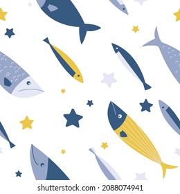 Vector seamless pattern with blue and yellow fish and stars. Light pastel repeated texture on white background with underwater creatures for children's cute design.