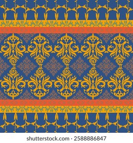 Vector seamless pattern of blue and yellow, bright, playful and colorful. Use for ceramic design, tiles, fabric patterns, prints, backgrounds, tablecloths.