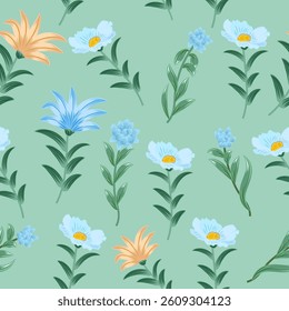 Vector seamless pattern with blue and yellow flowers on white background. Botanical art illustration for wallpaper, wall decoration, fabric, textile, cards.