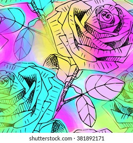 Vector seamless pattern with blue, yellow and pink roses. 