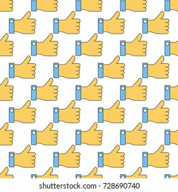 Vector seamless pattern with blue and yellow hand thumb up on white background