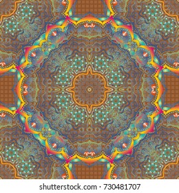 Vector seamless pattern with blue and yellow elements. Motley grid.