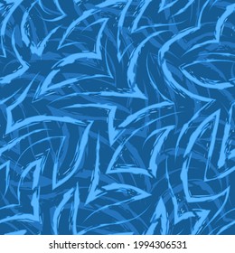 Vector seamless pattern of blue zigzags and corners. Vector seamless geometric pattern of abstract shapes from stripes and lines. Bright blue background marine motif for decoration of fabrics.