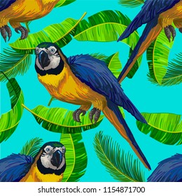 Vector seamless pattern with blue-and-gold macaw and banana leaves. Realistic colorful tropical painting. Suitable for any kind of design.