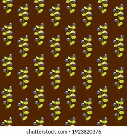 Vector seamless pattern with blueberry branches on a warm brown background. Bright illustration for fabric, wrapping paper, wallpaper, product design.