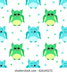 Vector seamless pattern of blue-colored winking owls and green-colored owls with sad eyes with stars