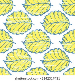 Vektor nahtloses Muster Blaugelbe Blätter auf weißem Hintergrund mit alter Vintage-Struktur.