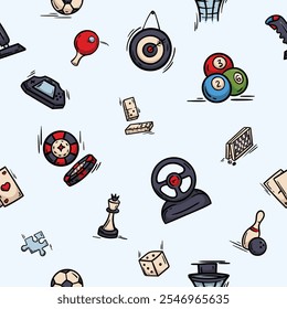 Vector seamless pattern with board games, leisure, sports and hobby items. Hand drawn background for wrapping paper, decoration, print. Set of icons, signs and symbols