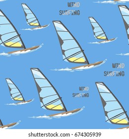 Vector seamless pattern with boards for wind surfing. Surfboards.