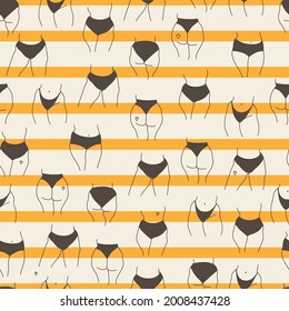Vector seamless pattern body positivity concept. The contour of a female fat body. Yellow background.