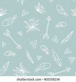 Vector seamless pattern in boho doodle style with feathers and arrows. Bohemian hipster hippie gypsy. Blue and white. 