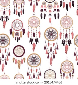 Vector seamless pattern with boho dreamcatchers. Flat style