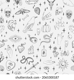 Vector seamless pattern with boho hand drawn mystical or magic esoteric doodle elements and logo icons with hands, raven dagger. Black outline style. Abstract vector