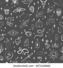 Vector seamless pattern with boho hand drawn mystical or magic esoteric doodle elements and logo icons with hands, raven dagger. Black outline style. Abstract vector