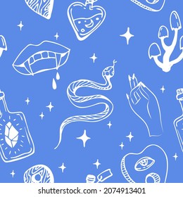 Vector seamless pattern with boho hand drawn mystical or magic esoteric doodle elements and logo icons with hands, raven dagger. Black outline style. Abstract vector
