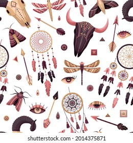 Vector seamless pattern with boho illustrations. Bohemian background in the flat style.