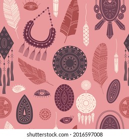 Vector seamless pattern with boho illustrations. Bohemian background in the simple style.