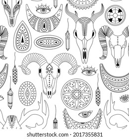 Vector seamless pattern with boho illustrations. Bohemian background. Line art, outlines.