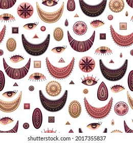 Vector seamless pattern with boho illustrations. Bohemian background in the flat style.