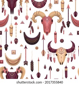 Vector seamless pattern with boho illustrations. Bohemian background in the flat style.
