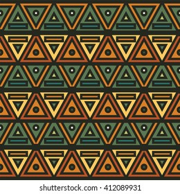 Vector seamless pattern in boho, Indian or African style. Simple geometric form, square, rectangle, corner, border in trendy ethnic colors. Abstract design. Orange, blue, green, brown, yellow