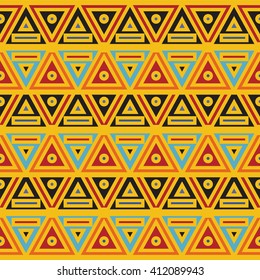 Vector seamless pattern in boho, Indian or African style. Simple geometric form, square, rectangle, corner, border in trendy ethnic colors. Abstract design. Orange, blue, black, brown, yellow