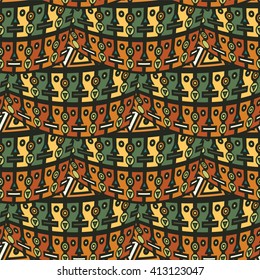 Vector seamless pattern in boho, Indian or African style. Wave Abstract design. Simple geometric form, square, rectangle, border in trendy ethnic colors. Perfect tribal background. Brown, green, gray
