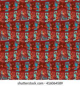 Vector seamless pattern in boho, Indian or African style. Wave Abstract design. Simple geometric form, square, rectangle, border in trendy ethnic colors. Perfect tribal background. Brown, blue, pink 