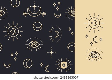 Vector seamless pattern with boho magic elements set. Retro background with space elements stars,moon, sun, oculus. Doodle hand drawn texture.