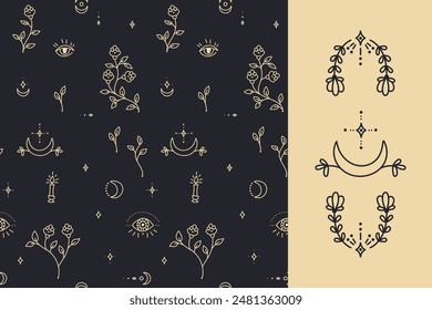 Vector seamless pattern with boho magic elements set. Retro background with space elements flowers, stars,moon, oculus. Doodle hand drawn print texture.