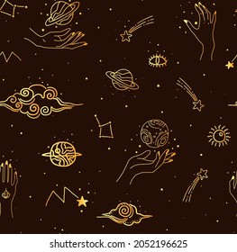 Vector seamless pattern with boho patterns: hands, books, stars, space, plants, magic. Suitable for creating fabrics, prints, posters, wallpapers, backgrounds.