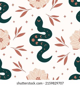 Vector seamless pattern with boho snake. Print with magic serpent, moon phase, flowers and stars. Mystical esoteric background for digital paper, fabric design, phone case, wrapping, cover.