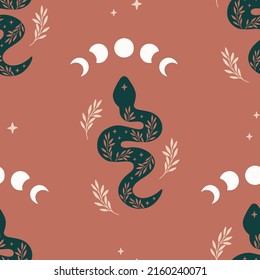 Vector seamless pattern with boho snake. Print with magic serpent, moon phase, flowers and stars. Mystical esoteric background for digital paper, fabric design, phone case, wrapping, cover.