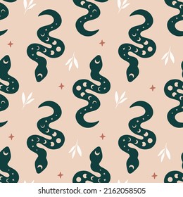 Vector seamless pattern with boho snake. Print with magic serpent, moon phase, flowers and stars. Mystical esoteric background for digital paper, fabric design, phone case, wrapping, cover.
