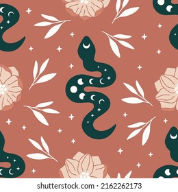 Vector seamless pattern with boho snake. Print with magic serpent, moon phase, flowers and stars. Mystical esoteric background for digital paper, fabric design, phone case, wrapping, cover.