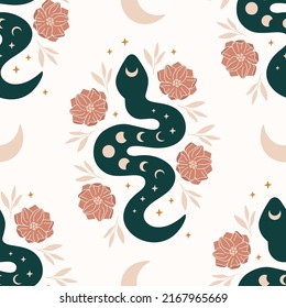 Vector seamless pattern with boho snake. Print with magic serpent, moon phase, flowers and stars. Mystical background for digital paper, fabric design, phone case, wrapping, cover.