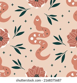 Vector seamless pattern with boho snake. Print with magic serpent, moon phase, flowers and stars. Mystical background for digital paper, fabric design, phone case, wrapping, cover.