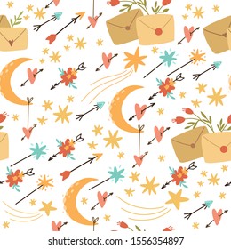 Vector seamless pattern boho style, arrows and with flowers. Romantic mail. Use for children, wallpaper, design, packaging, background, children's room. Postal