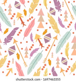 vector seamless pattern in boho style. Scandinavian drawings, arrows, geometric shapes, feathers