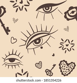 Vector seamless pattern in boho style. Eyes, stars, hearts and keys contour drawings in a minimal style. Design for printing on textiles, paper, wallpaper, packaging.
