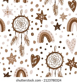 Vector seamless pattern in boho style. Ornament for children's clothes, fabrics, surfaces. Flat design with rainbows, stars and spots in pastel shades.