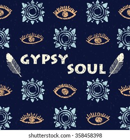 Vector seamless pattern in the boho style. Repeating tribal print of eyes, tribal sun, feather. Grunge background and elements for web page, fabric, t-shirt, scrapbook, gift wrap, cards, banner, etc