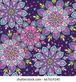 Vector seamless pattern in boho style. Bright colors, mandala pattern. 