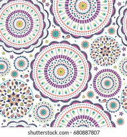 Vector Seamless Pattern In Boho Style. Bright Colors, Mandala Flower. Boho Background.