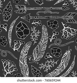 Vector seamless pattern in Boho style with arrows of feathers, plants, stones and rope.