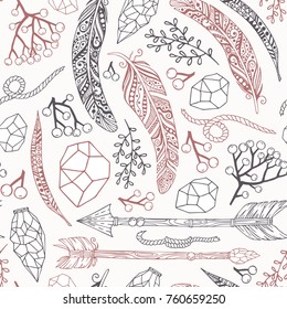 Vector seamless pattern in Boho style with arrows of feathers, plants, stones and rope.