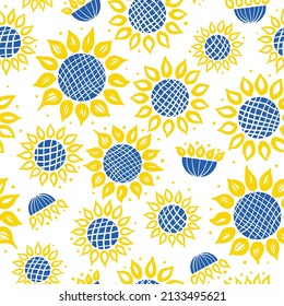 Vector seamless pattern with bold blue and yellow sunflowers. Ukrainian flag colors. Perfect for textile, fabric, wallpapers, graphic art, printing etc.