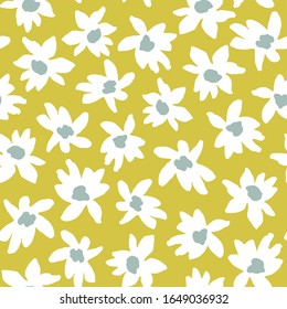 Vector seamless pattern of bold graphic floral print. Retro style simple white daisy flowers on lemon yellow background.