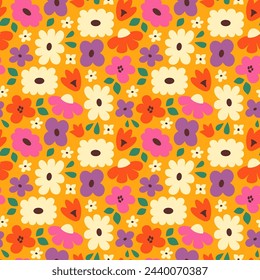 Vector seamless pattern of bold naive colorful flowers and leaves in retro groovy style. Daisy flowers in vivid colors on orange background.