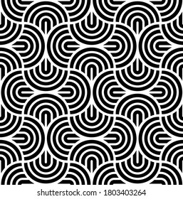 Vector seamless pattern with bold striped circles. Stylish geometric  texture. Modern abstract background. 